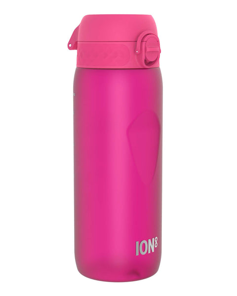 A pink ION8 water bottle sits against a white background. The bottle is cylindrical with a hinged, snap-top lid.