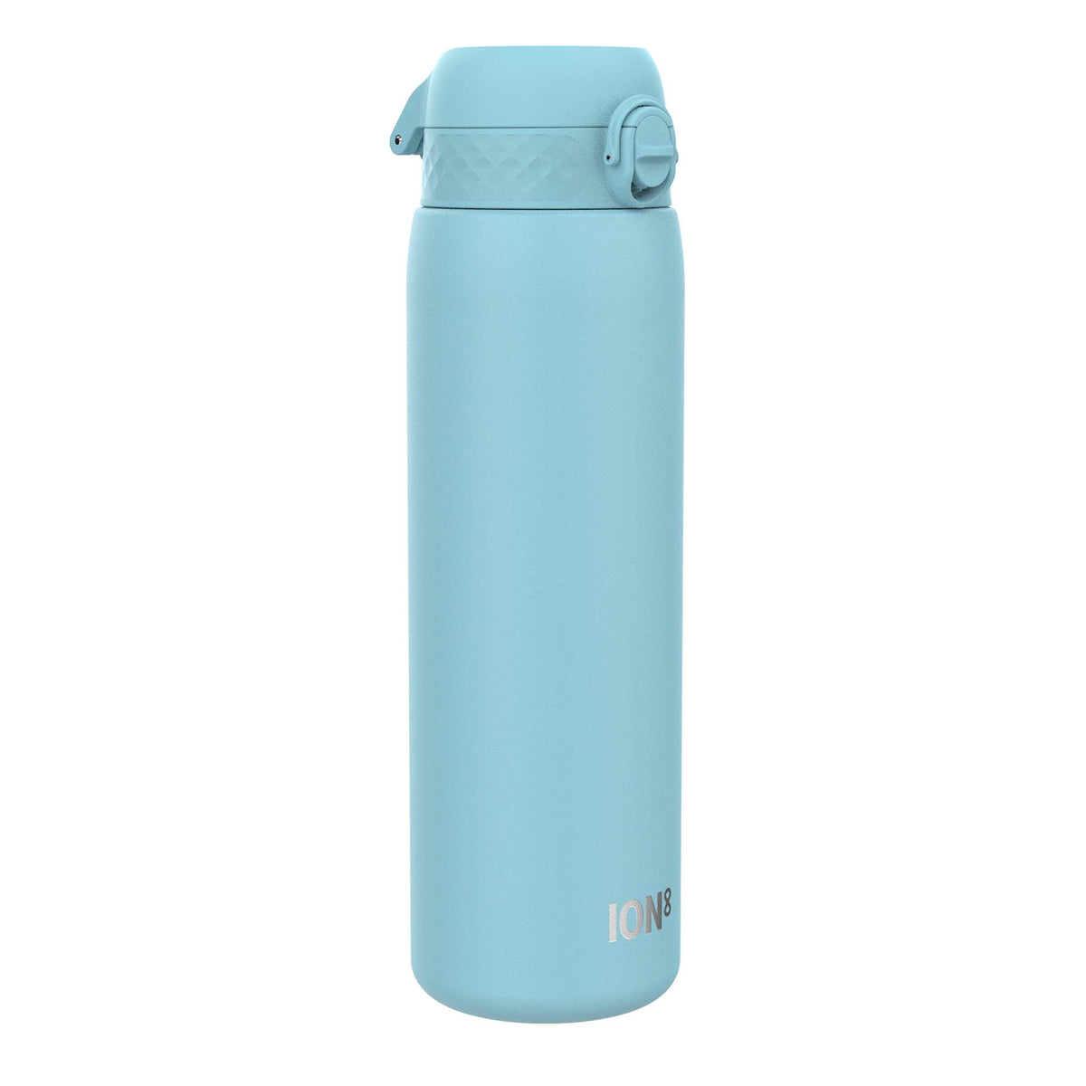 A light-blue water bottle stands upright against a white background. The bottle has a hinged lid and the word "ION8" is printed near the base.