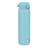 A light-blue water bottle stands upright against a white background. The bottle has a hinged lid and the word 