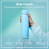 A light-blue ION8 water bottle is held; its flip top opens one-handed. The bottle features triple lock security and is 100% leak-proof. It's described as 