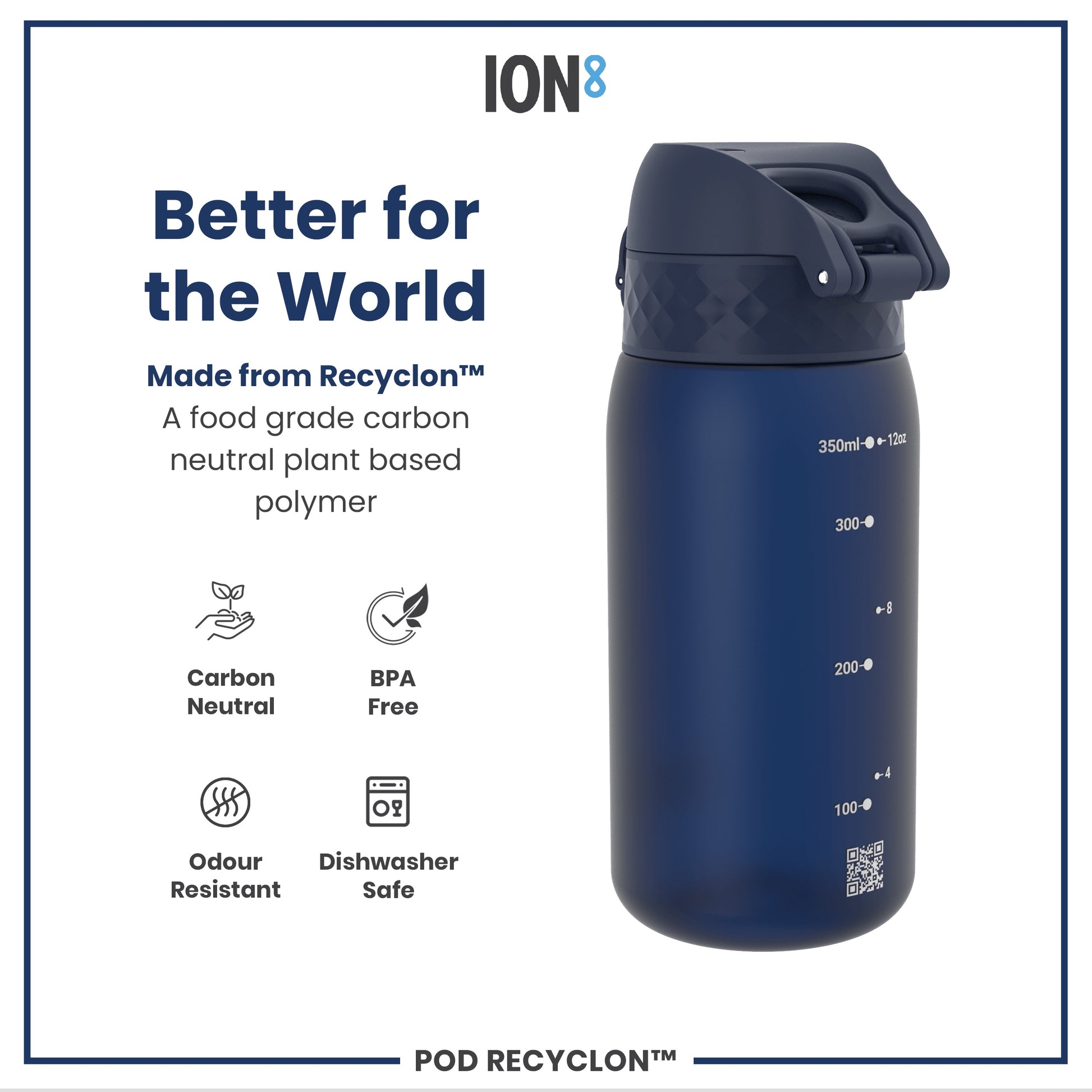 A dark-blue water bottle sits on a white background; it is made from a plant-based polymer and shows volume markings.