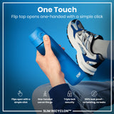 A hand holds a blue, cylindrical water bottle; its flip top opens with a single click. The context is a person in athletic clothing against a blue background.