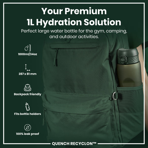 Leak Proof 1 litre Water Bottle, Recyclon, Dark Green, 1L