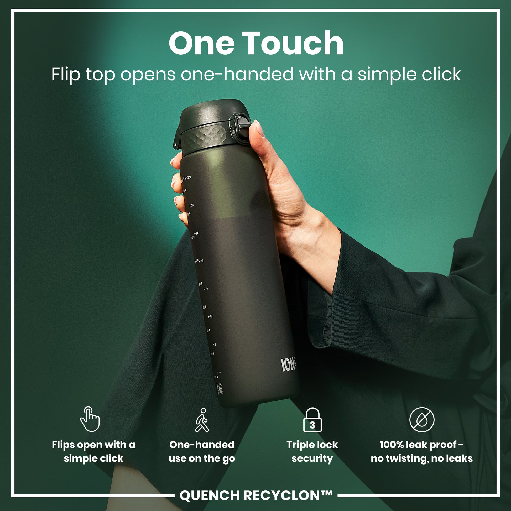 A dark-grey water bottle is held, its flip top is shown open. A person in dark clothing holds it against a dark-green background. "One Touch," "Flip top opens one-handed with a simple click," "Flips open with a simple click," "One-handed use on the go," "Triple lock security," "100% leak proof - no twisting, no leaks," and "QUENCH RECYCLON™" are visible.