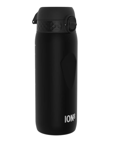 A black ION8 water bottle stands upright against a white background. The bottle has a textured lid and a carrying loop.
