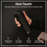 A black water bottle is held; its flip top opens one-handed. The bottle features measurements and a QR code; it's advertised as leak-proof and one-handed use. 