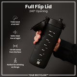 A black water bottle with a full flip lid is being held; its 240° opening and markings are visible. The bottle is showcased against a dark background. 