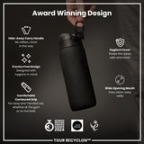 A black water bottle is being held. It has several design features highlighted, including a hide-away handle, crevice-free design, contoured grip, hygiene cover, and wide opening mouth. The bottle has won several design awards.
