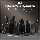 Several ION8 water bottles, in various sizes and designs, are displayed on a grey surface. They are shown alongside a straw and strap. The background features promotional text: 