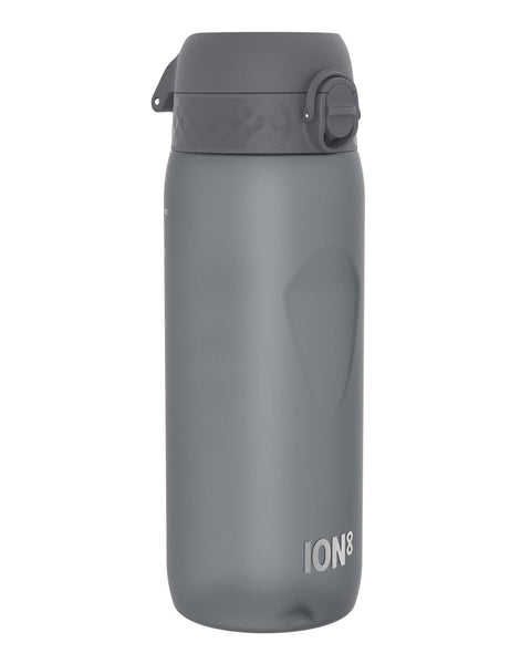 A dark gray water bottle sits on a white background. The bottle has a dark gray cap with a small loop handle and the word "ION8" is printed on the bottle.