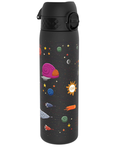A black water bottle, featuring a space-themed design with planets, stars, and rockets, sits on a white background. ION8 is visible on the sun graphic.