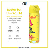 A yellow water bottle, featuring cartoon dragons, sits against a white background. The bottle is made from a plant-based polymer, is BPA-free, odour-resistant and dishwasher-safe. It's advertised as 