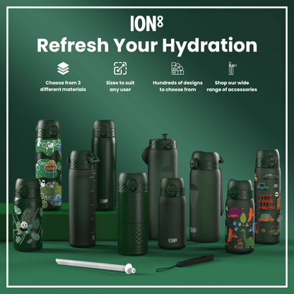 Several ION8 water bottles, in various sizes and designs, are displayed on a green surface. Accessories are shown nearby. The text reads: "ION8 Refresh Your Hydration. Choose from 3 different materials. Sizes to suit any user. Hundreds of designs to choose from. Shop our wide range of accessories."