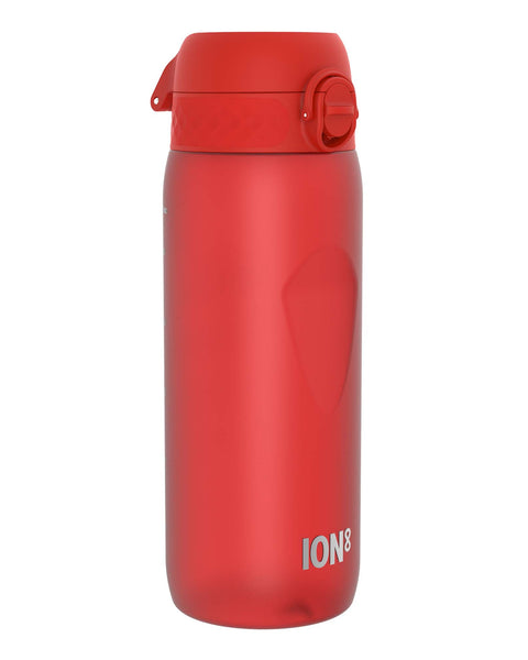 A red plastic water bottle, sits upright against a white background. The bottle features a flip-top lid and the logo "ION8".