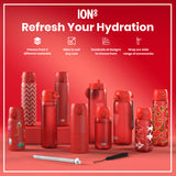Several red water bottles, of varying sizes and designs, are displayed on a red surface. They are accompanied by a straw and a carrying strap. The text reads: 