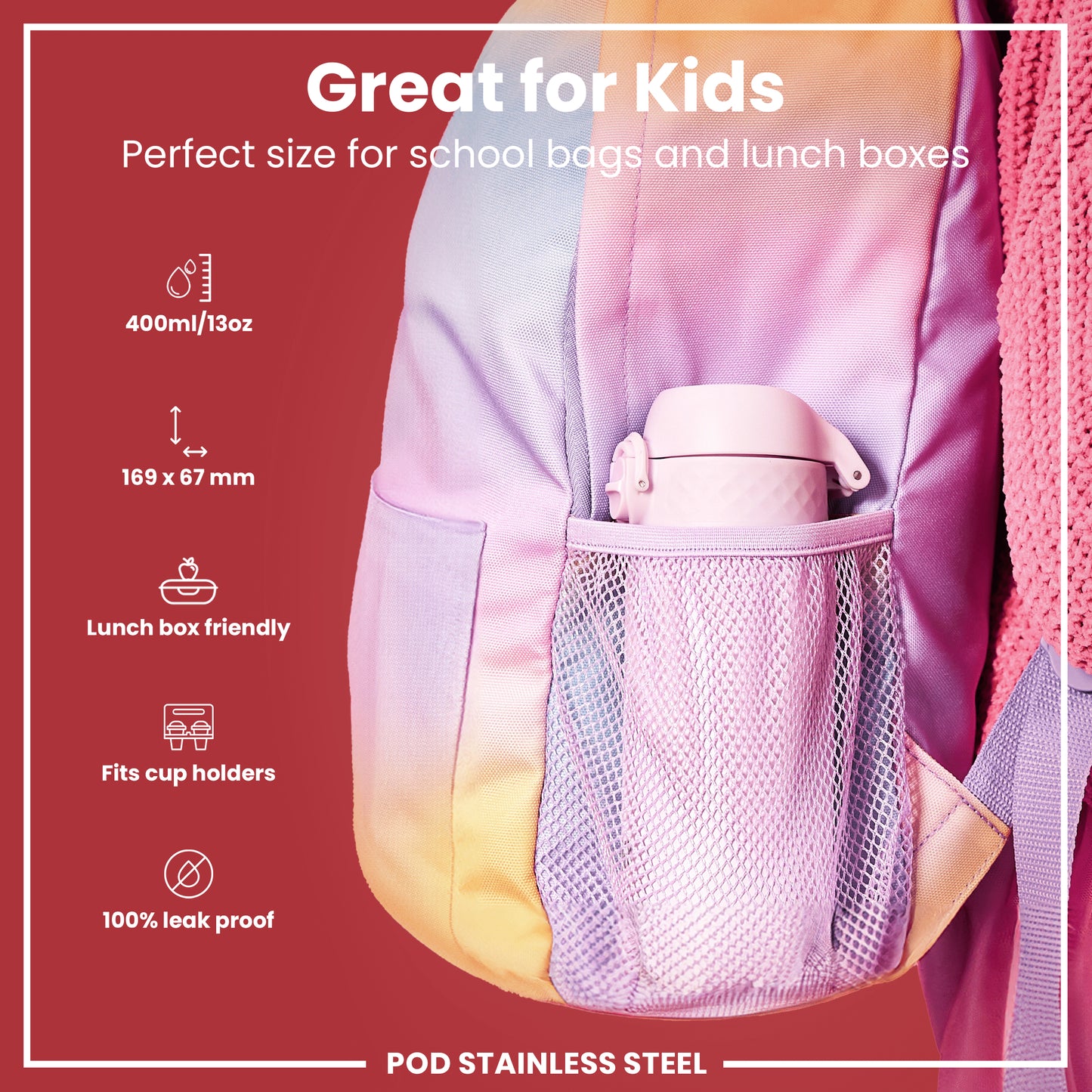 Auslaufsichere Kinderwasserflasche, Edelstahl, Lilac Dusk, 400 ml (13 oz)