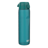 A teal water bottle stands upright against a white background. The bottle has measurement markings and the logo 