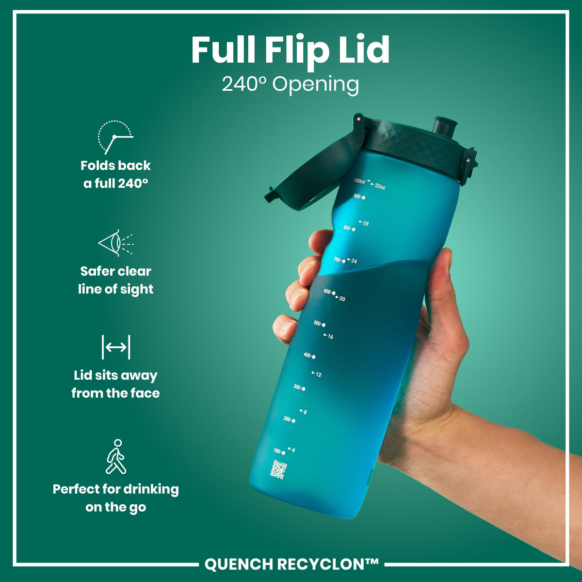 A teal water bottle stands upright against a white background. The bottle has measurement markings and the logo "ION8".
