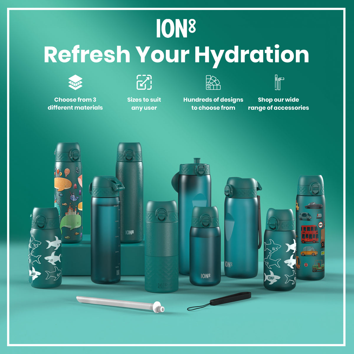 A teal water bottle stands upright against a white background. The bottle has measurement markings and the logo "ION8".