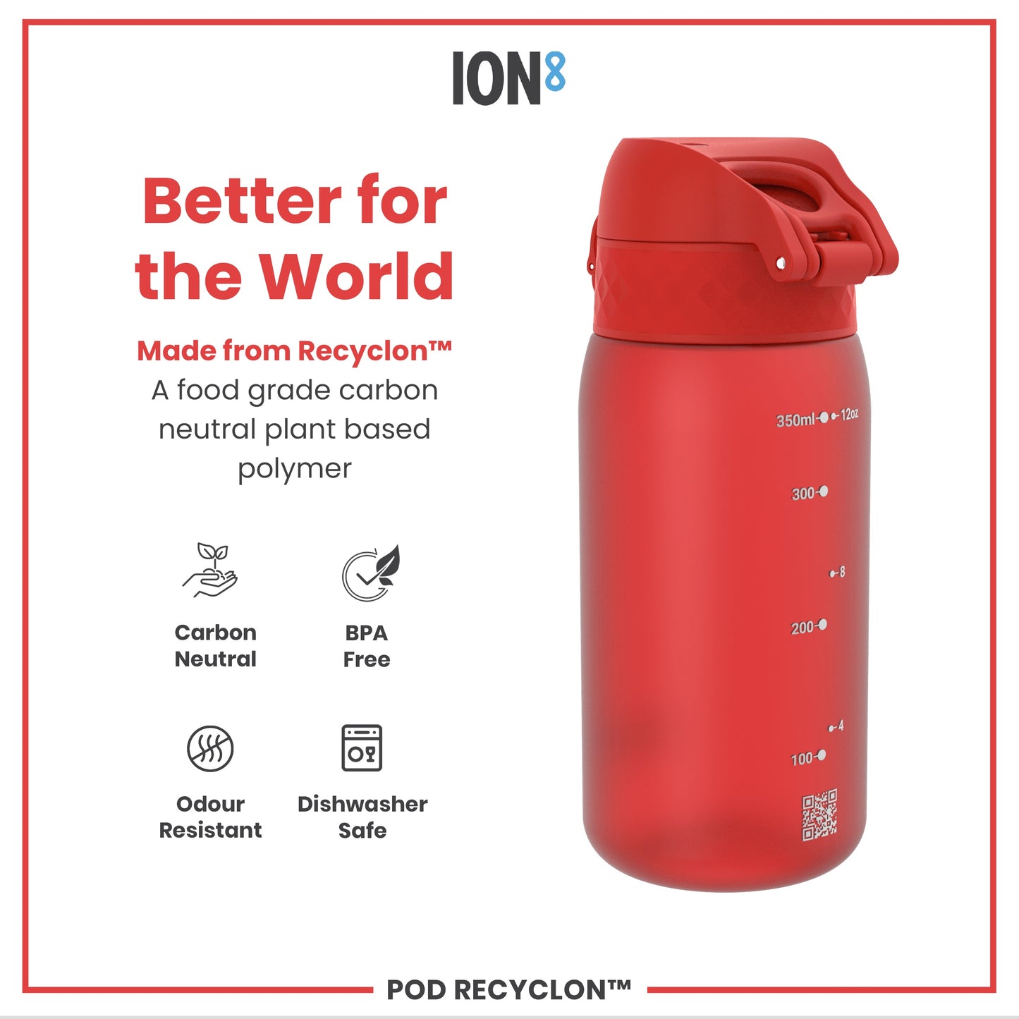 A red water bottle, sits upright, showcasing measurement markers and a QR code; it's made from a plant-based polymer and is advertised as better for the world.