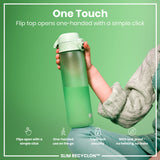 A light green water bottle is held; its flip top opens one-handed. The bottle is shown against a green background. 
