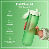 A green water bottle, held by a hand, features a 240° opening flip lid. The bottle is advertised as ideal for on-the-go drinking, with a lid design that sits away from the face. The bottle is labeled 