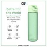A light green water bottle sits against a white background. It is made from a plant-based polymer and features volume markings. The bottle is advertised as carbon neutral, BPA free, odour resistant, and dishwasher safe.