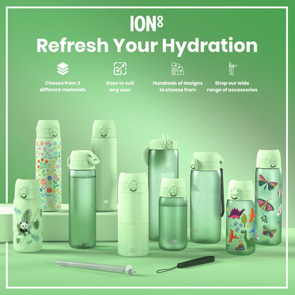 Several ION8 water bottles, in various sizes and designs, are displayed on a green surface; accessories are also shown. Choose from 3 different materials. Sizes to suit any user. Hundreds of designs to choose from. Shop our wide range of accessories.