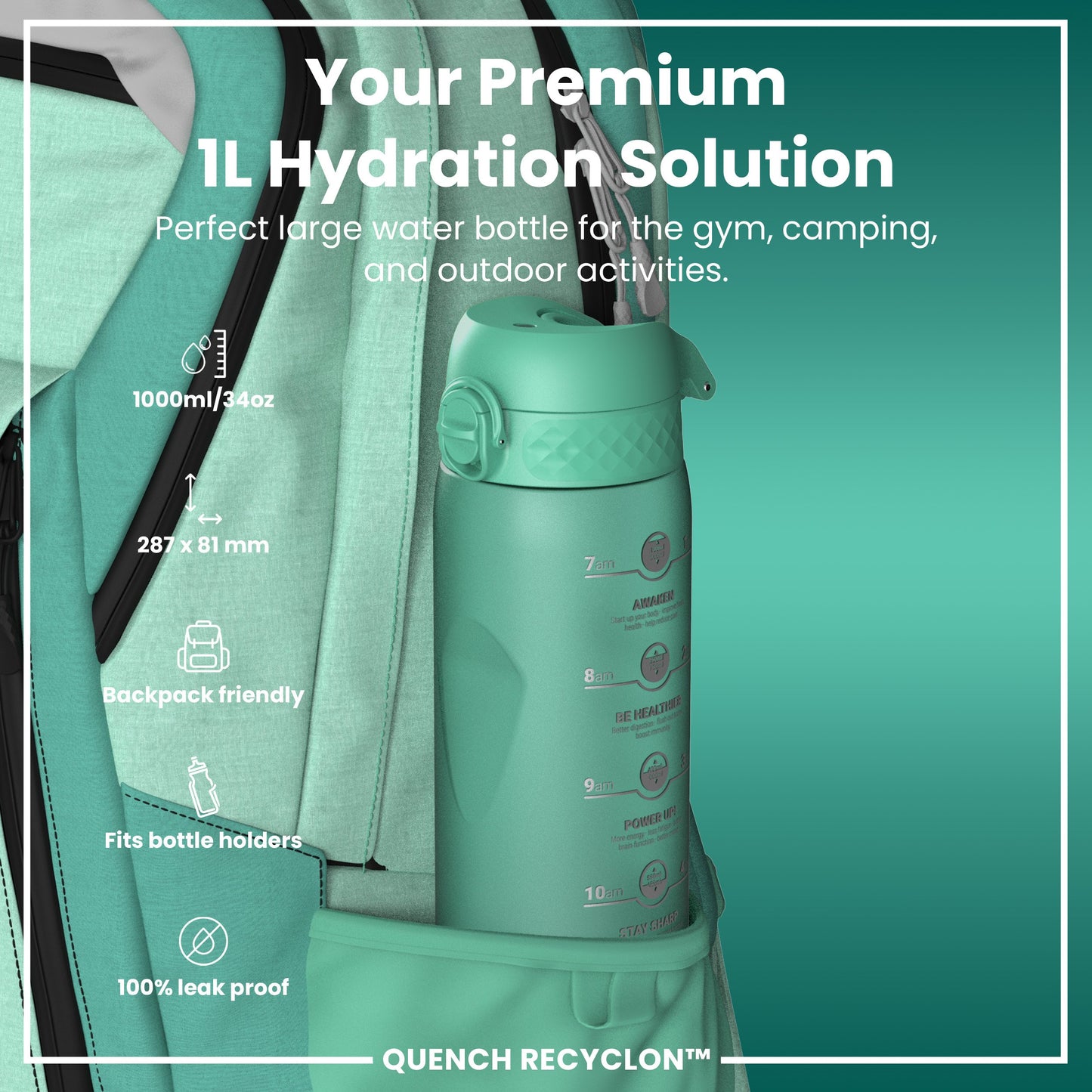 Leak Proof 1 Litre Water Bottle with Times to Drink, Recyclon, Teal & Blue, 1L
