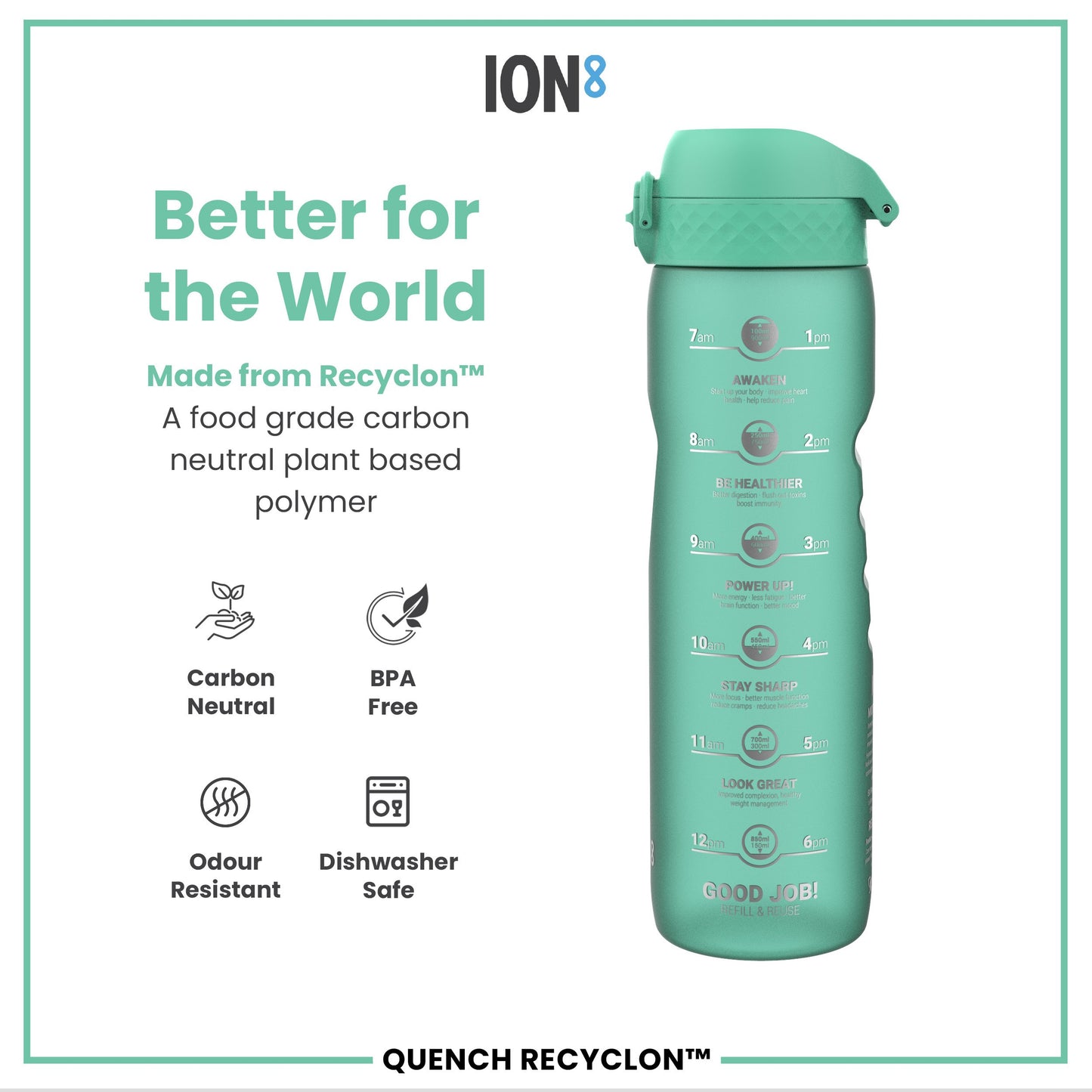 Leak Proof 1 Litre Water Bottle with Times to Drink, Recyclon, Teal & Blue, 1L