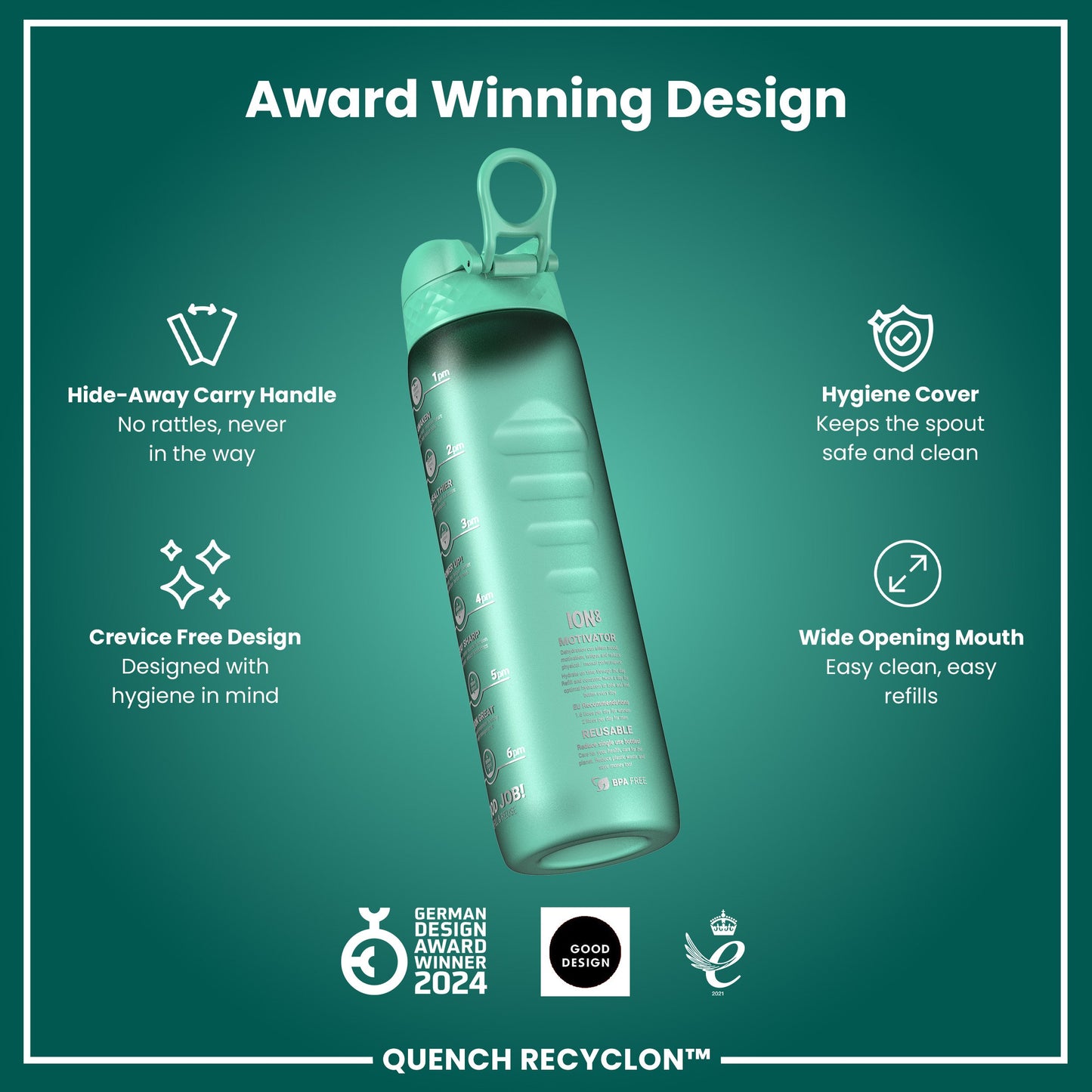 Leak Proof 1 Litre Water Bottle with Times to Drink, Recyclon, Teal & Blue, 1L