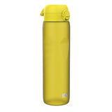 A yellow plastic water bottle stands upright against a white background. The bottle features a hinged lid and the brand name 