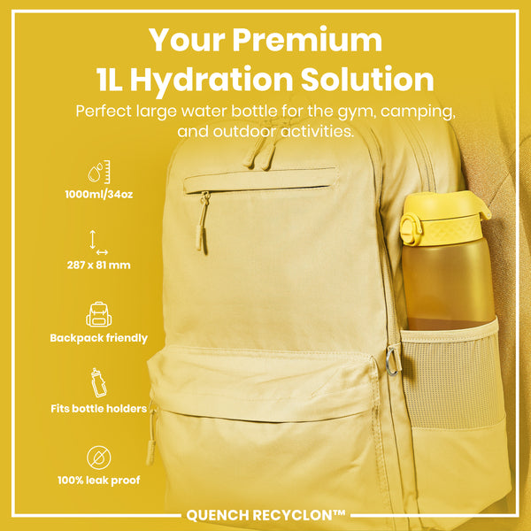 A 1-liter water bottle sits in a tan backpack's side pocket; it's designed for gym, camping, and outdoor use. The bottle is 1000ml/34oz, 287 x 81 mm, backpack friendly, fits bottle holders, and is leak-proof. The brand is QUENCH RECYCLON™.