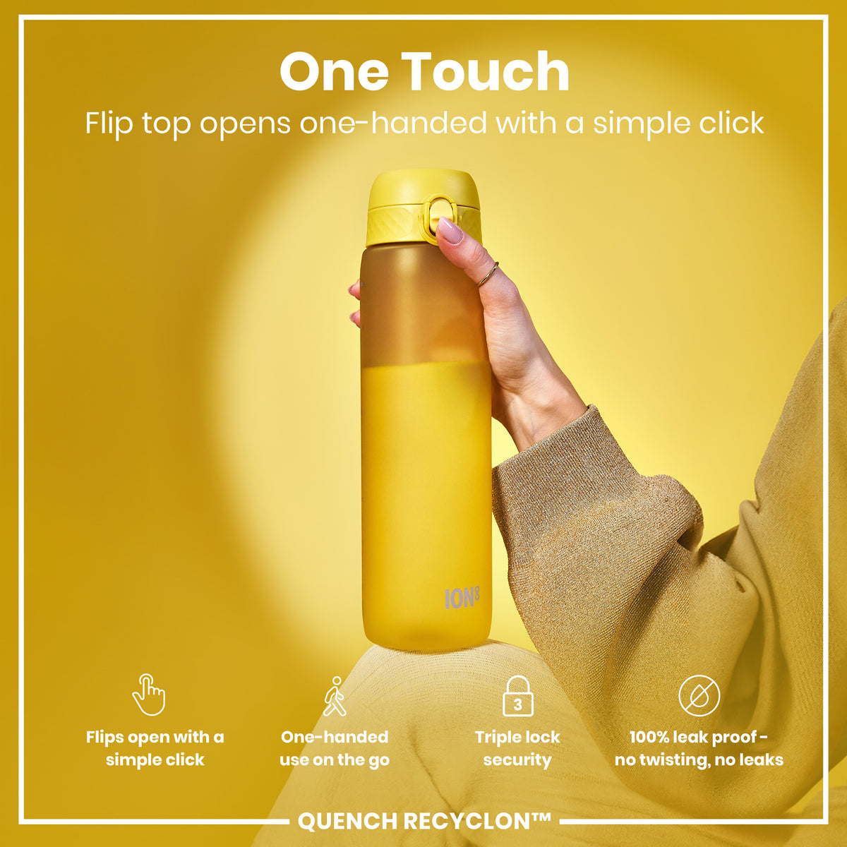 A yellow water bottle is being held; its flip top opens one-handed. The bottle is shown against a yellow background with text describing its features: "One Touch," "Flip top opens one-handed with a simple click," "Flips open with a simple click," "One-handed use on the go," "Triple lock security," "100% leak proof - no twisting, no leaks," and "QUENCH RECYCLON™".