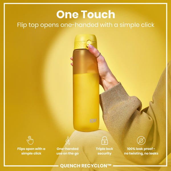 A yellow water bottle is being held; its flip top opens one-handed. The bottle is shown against a yellow background with text describing its features: "One Touch," "Flip top opens one-handed with a simple click," "Flips open with a simple click," "One-handed use on the go," "Triple lock security," "100% leak proof - no twisting, no leaks," and "QUENCH RECYCLON™".