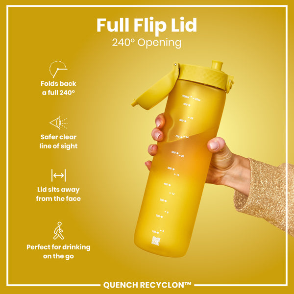 A yellow water bottle, with a 240° opening flip lid, is held by a hand; against a yellow background. Full Flip Lid 240° Opening. QUENCH RECYCLON™