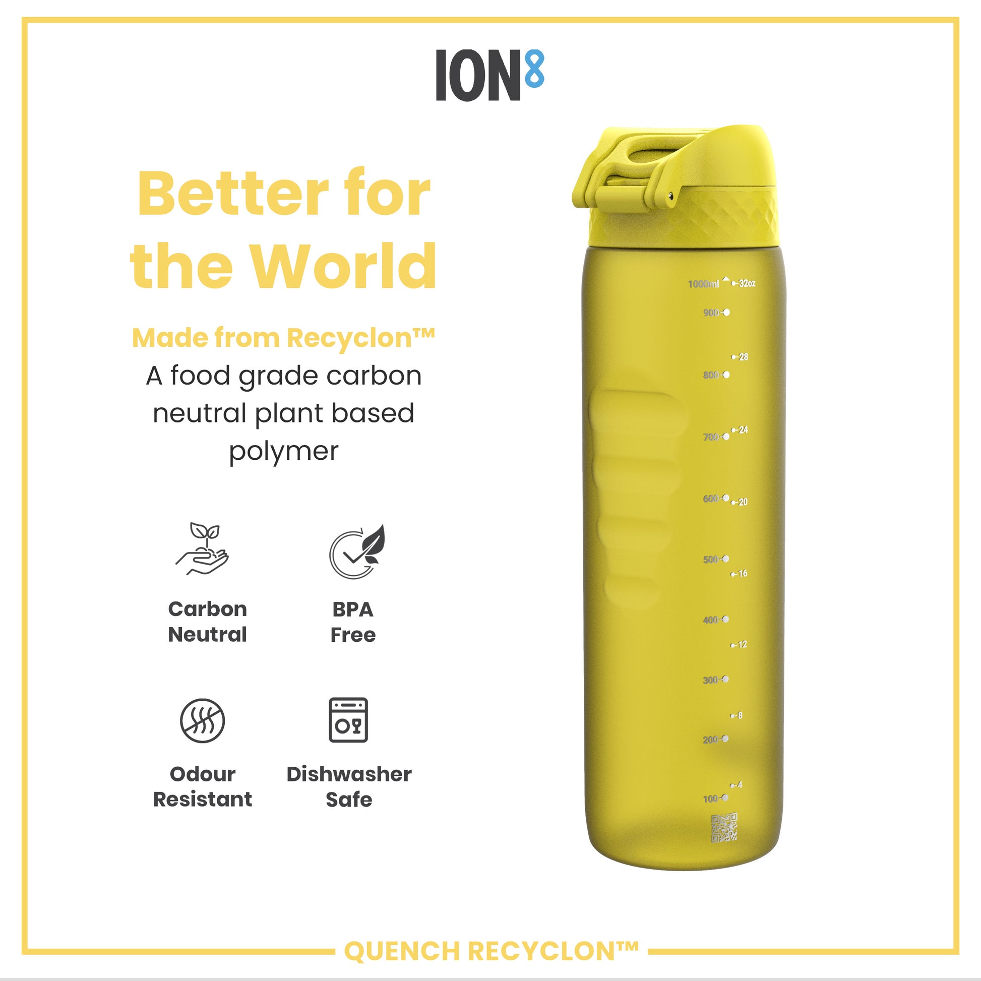 A yellow water bottle sits against a white background. It displays volume markings and is made from a plant-based polymer. The surrounding text highlights its carbon-neutral, BPA-free, and dishwasher-safe properties. "Better for the World," "Made from Recyclon™," "Quench Recyclon™" are also visible.