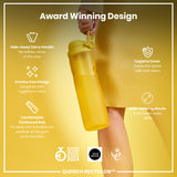 A yellow water bottle is held; its features are highlighted, including a hide-away handle, crevice-free design, contoured grip, hygiene cover, and wide mouth. The bottle is an award-winning design.