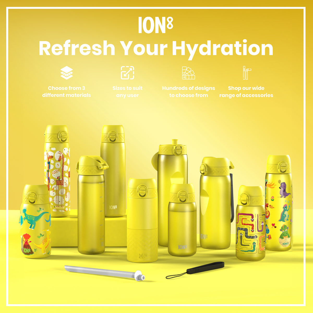 Several yellow ION8 water bottles, varying in size and design, are displayed on a yellow surface. The bottles feature different kid-friendly illustrations. Accompanying text advertises material choices, sizes, designs, and accessories.