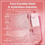 A pink, 1200ml/40oz water bottle fits inside a pink backpack's pocket. It's described as durable steel, backpack friendly, leakproof, and suitable for various activities.