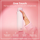 A light pink stainless steel water bottle is held; its flip top opens one-handed. The bottle features the brand 