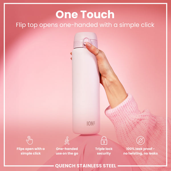 A light pink stainless steel water bottle is held; its flip top opens one-handed. The bottle features the brand "ION8" and is shown against a pink background. "One Touch," "Flips open with a simple click," "One-handed use on the go," "Triple lock security," and "100% leak proof - no twisting, no leaks" are also displayed.