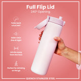 A pink stainless steel water bottle, being held, features a full flip lid that opens 240 degrees. The design ensures a clear line of sight and keeps the lid away from the face; it’s ideal for on-the-go use.