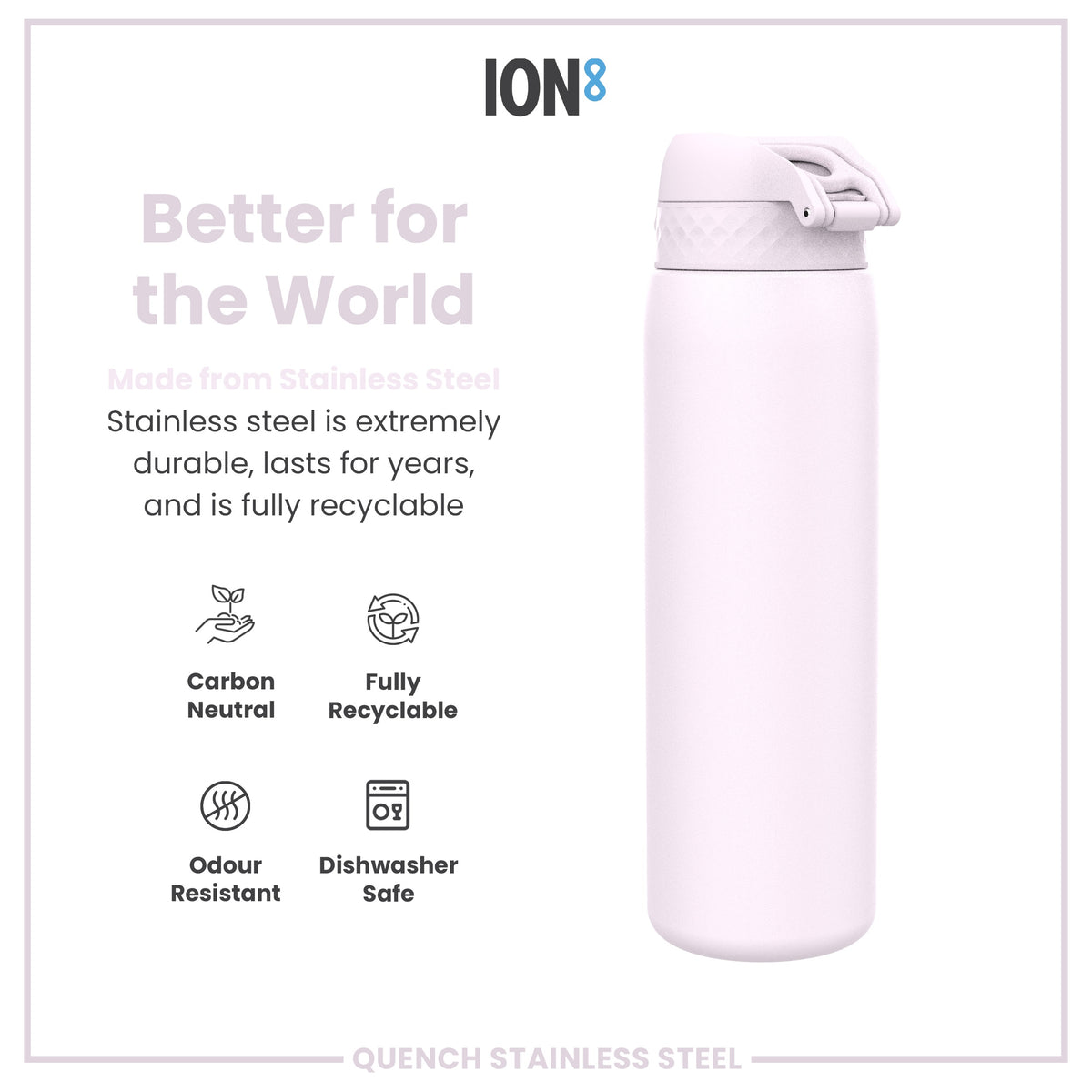 A light-purple stainless steel water bottle sits against a white background. It advertises durability, recyclability, and other features.