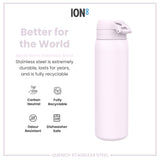 A light-purple stainless steel water bottle sits against a white background. It advertises durability, recyclability, and other features.