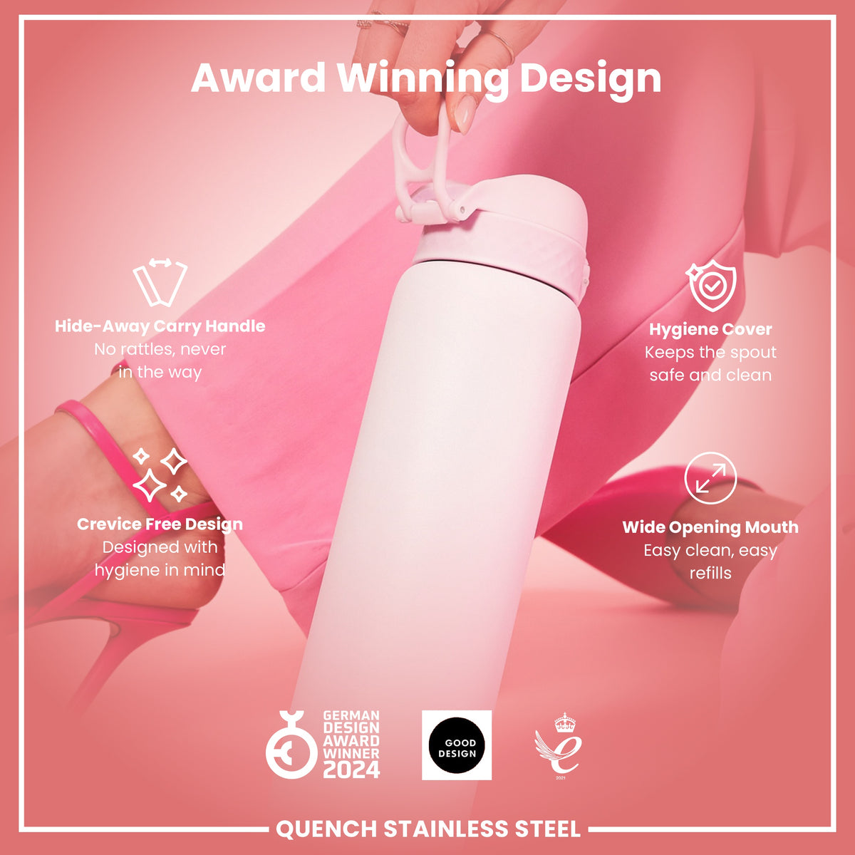 A light pink stainless steel water bottle is being held. Its features are highlighted, including a hide-away handle, hygiene cover, and wide mouth. The bottle is award-winning, designed for hygiene, and easy to clean and refill.
