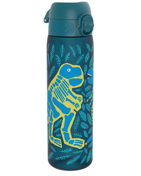 A teal water bottle stands upright; it is decorated with dinosaur skeletons and leaves.