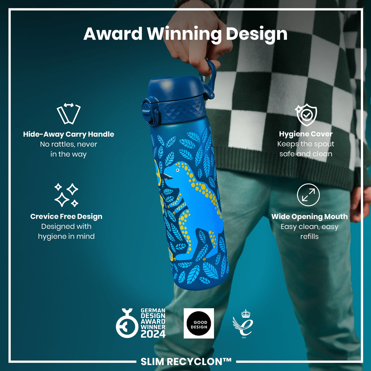 A blue water bottle, featuring a dinosaur design, is held; its features are highlighted, including a hide-away handle, hygiene cover, and wide mouth. The bottle is an award-winning design.