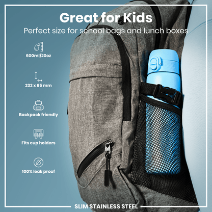 A light-blue water bottle, secured in a gray backpack's mesh pocket, is shown against a teal background; specifications are provided.