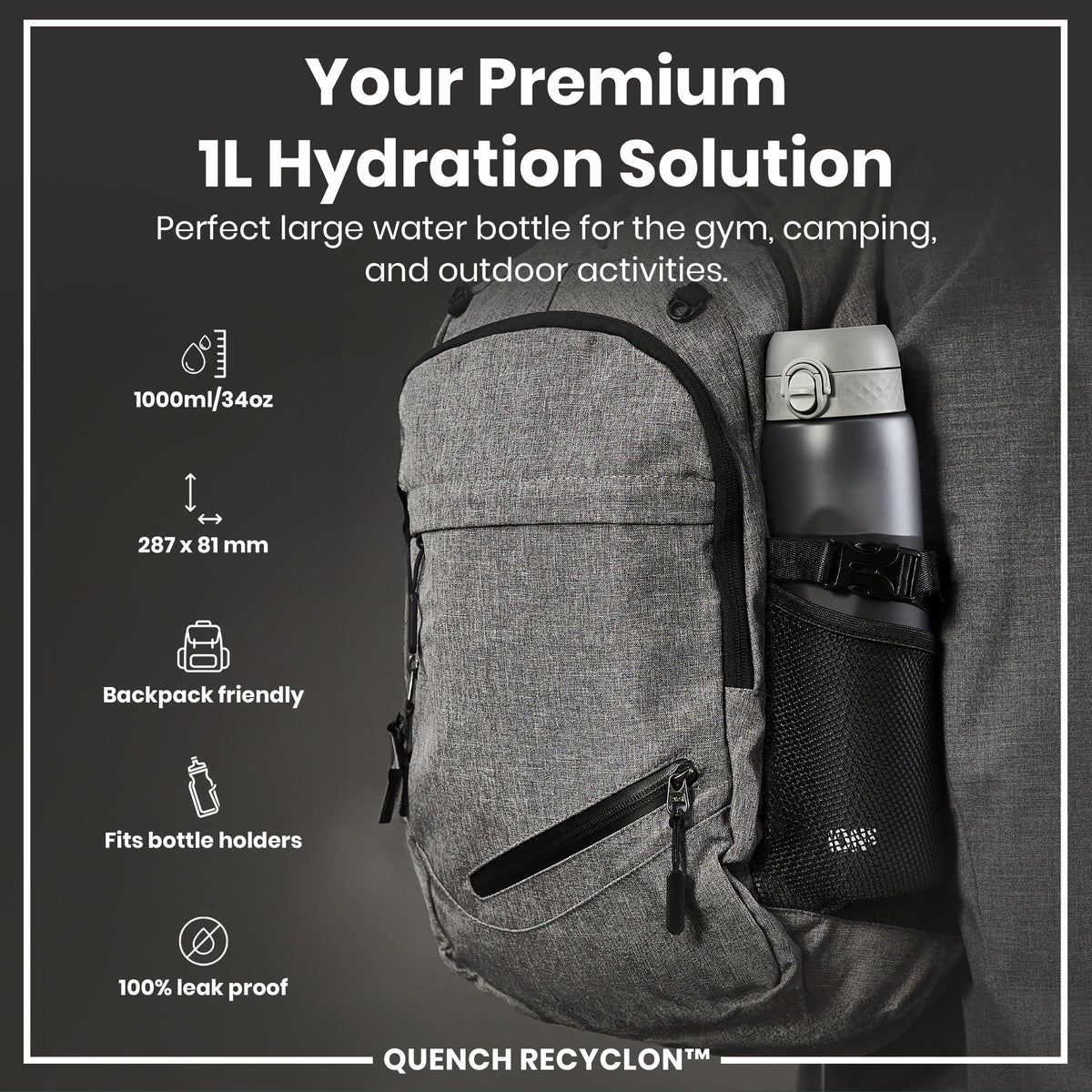 Leak Proof 1 litre Water Bottle, Recyclon, Grey, 1L